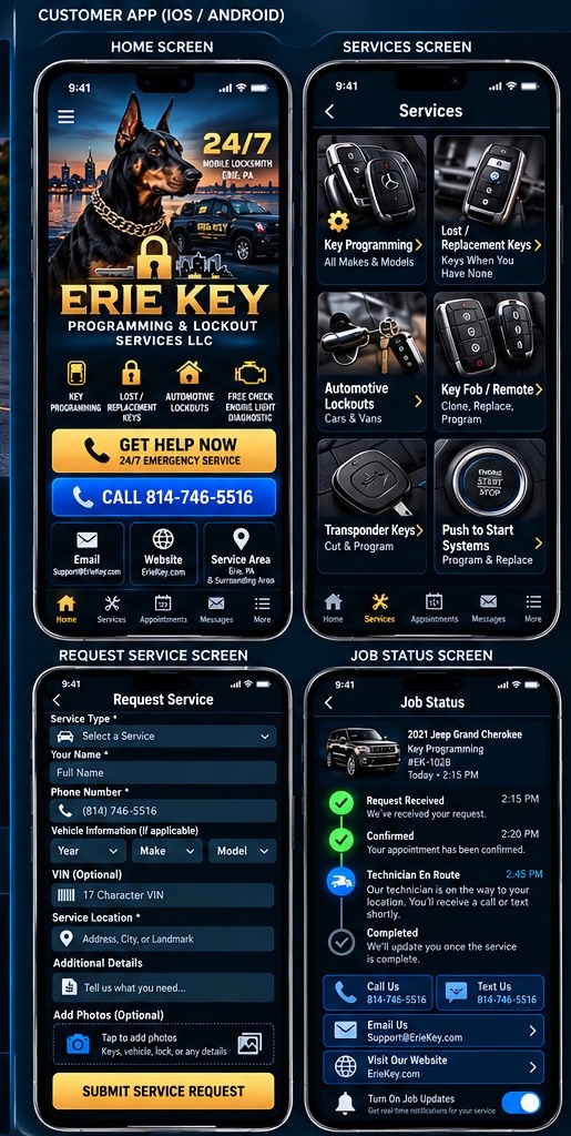Approved Erie Key iOS and Android app screens