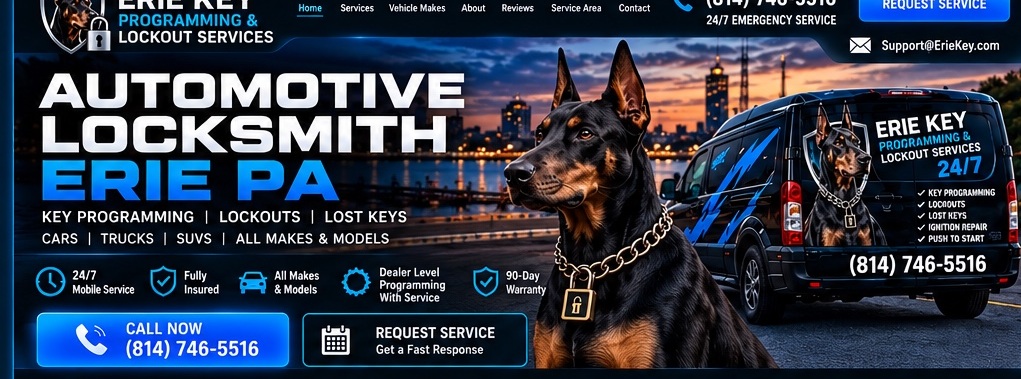 Erie Key automotive locksmith approved skyline, Doberman and service van artwork